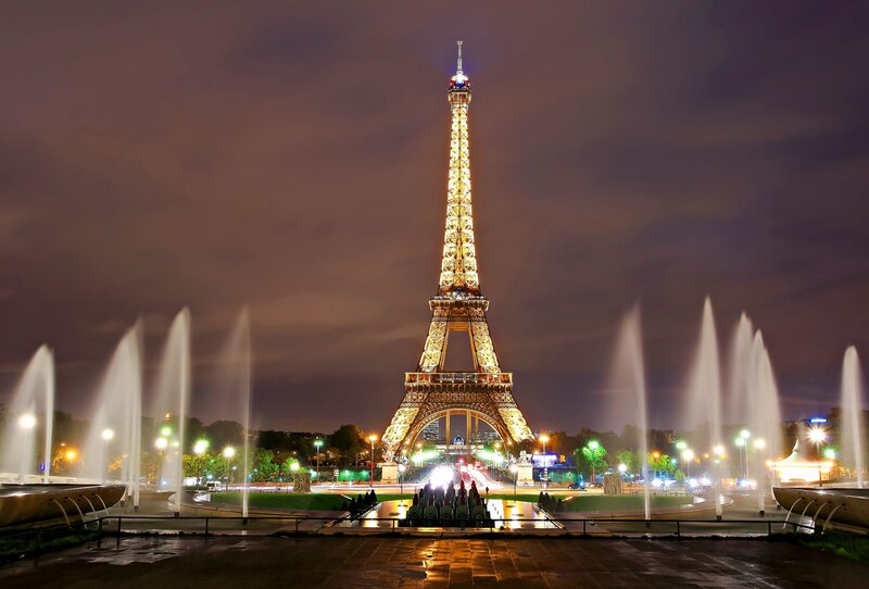 Eiffel Tower at Night — Black, Dramatic, Photograph, Fountains, Streetlights