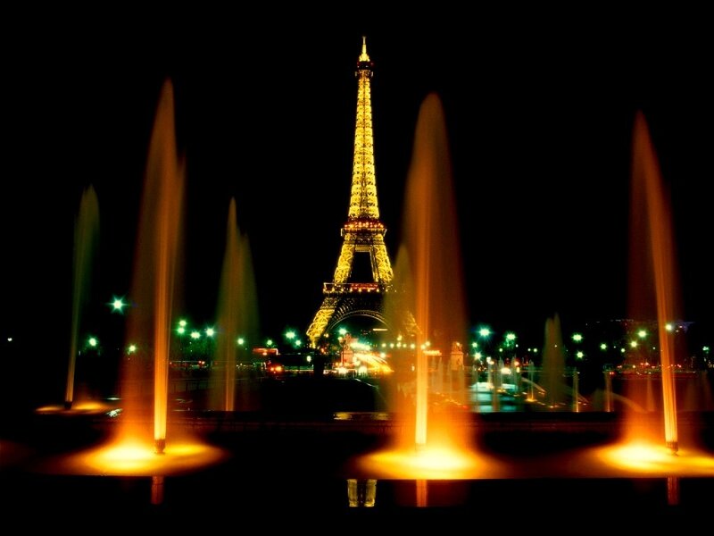 Eiffel Tower at Night — Black, Dramatic, Photograph, Fountains