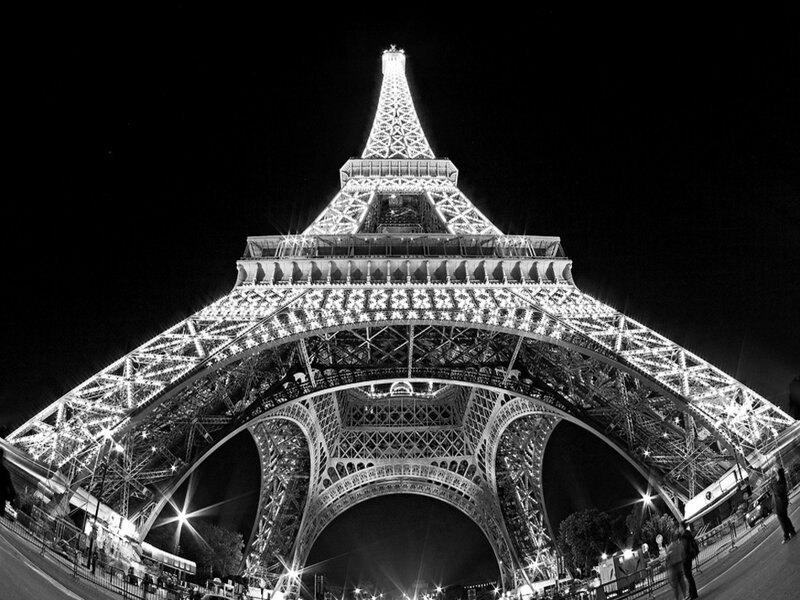 Eiffel Tower at Night — Black, Dramatic, Photograph, Lights, People