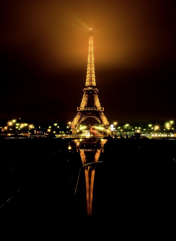 Eiffel Tower at Night — Black, Dramatic, Photograph, Lights, Reflection