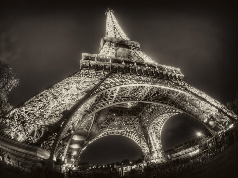 Eiffel Tower at Night — Black, Dramatic, Photograph, Night Sky, Arches