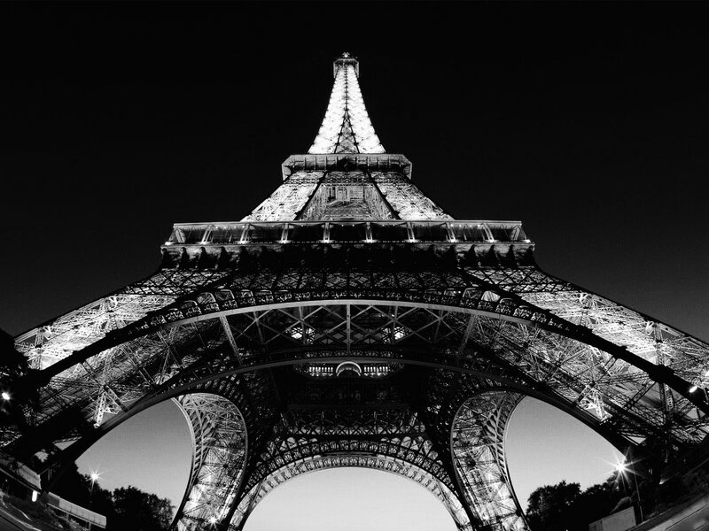 Eiffel Tower at Night — Black, Dramatic, Photograph, Night Sky, Lights, Trees