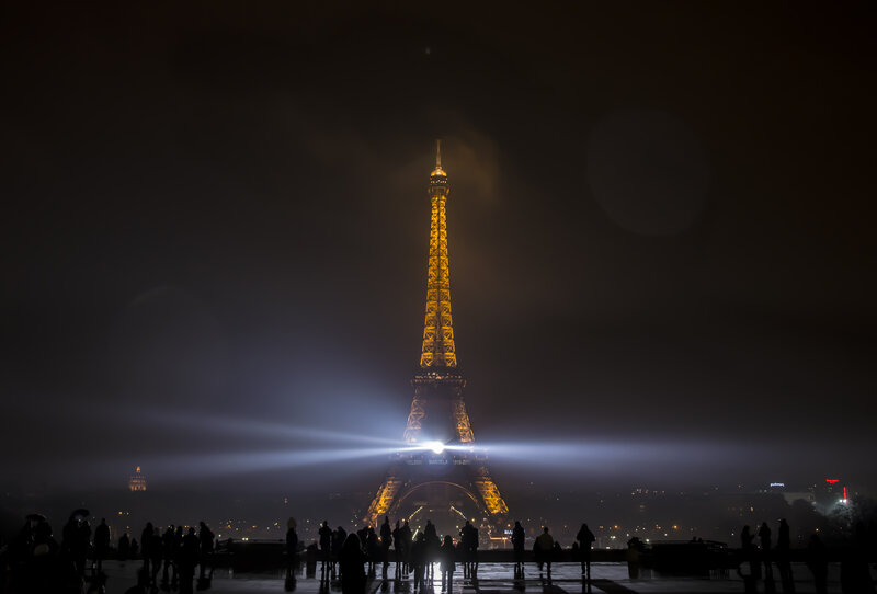Eiffel Tower at Night — Black, Dramatic, Photograph, People