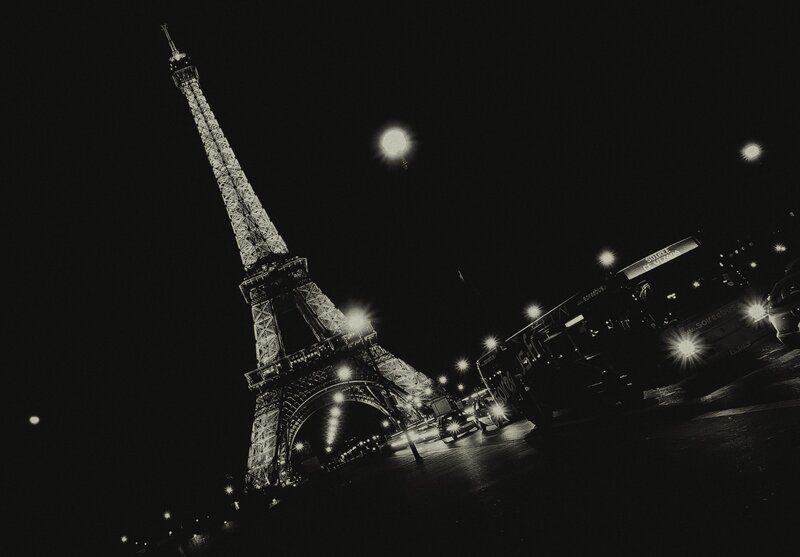 Eiffel Tower at Night — Black, Dramatic, Photograph, Streetlights, Cars