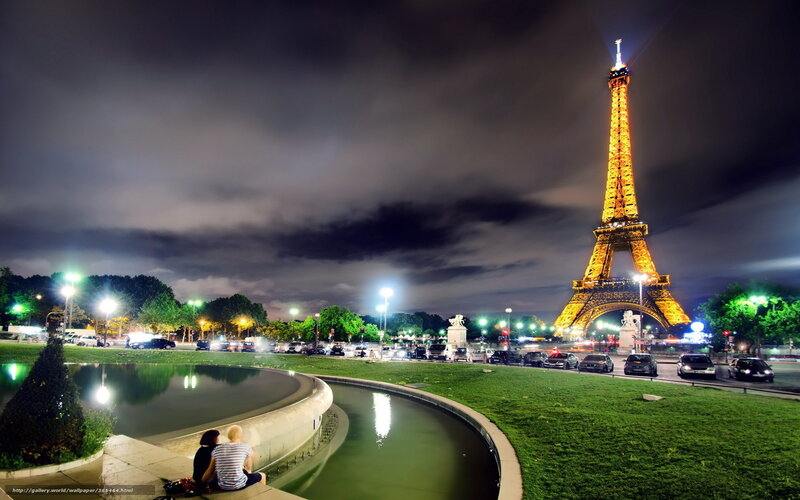 Eiffel Tower at Night — Black, Serene, Photograph, Couple, Fountain