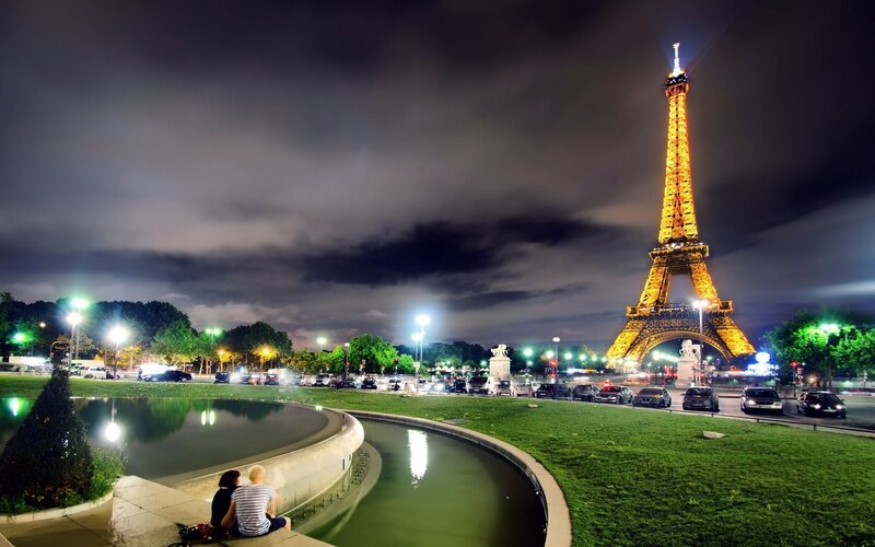 Eiffel Tower at Night — Black, Serene, Photograph, Couple