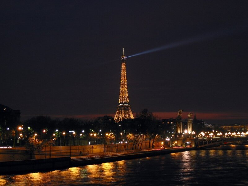 Eiffel Tower at Night — Black, Serene, Photograph, River, Bridge, Lights, Yellow