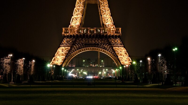 Eiffel Tower at Night — Black, Serene, Photograph, Streetlights