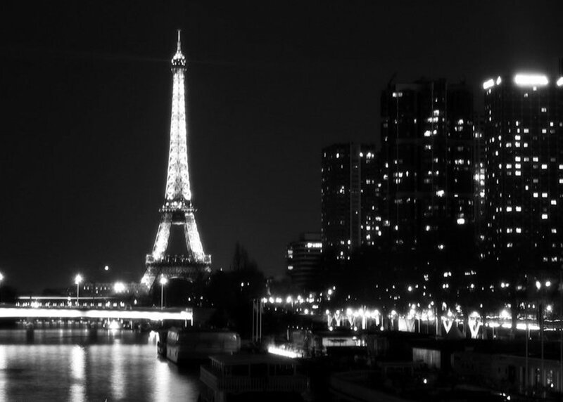 Eiffel Tower at Night — Black, Serene, Photograph