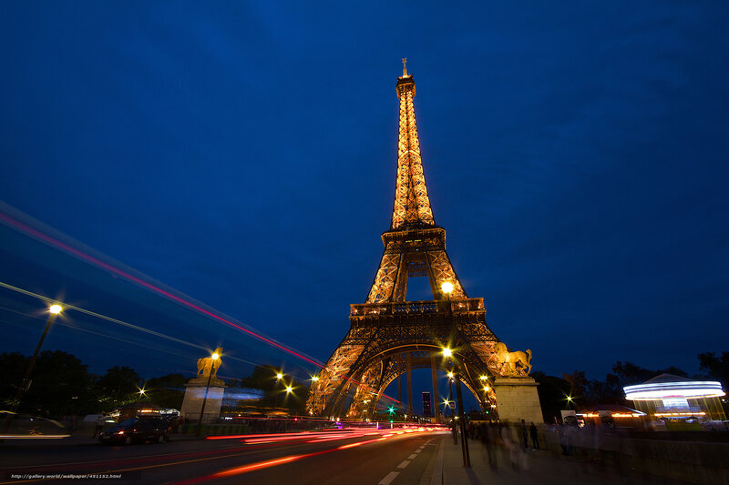 Eiffel Tower at Night — Blue, Dramatic, Photograph, Cars