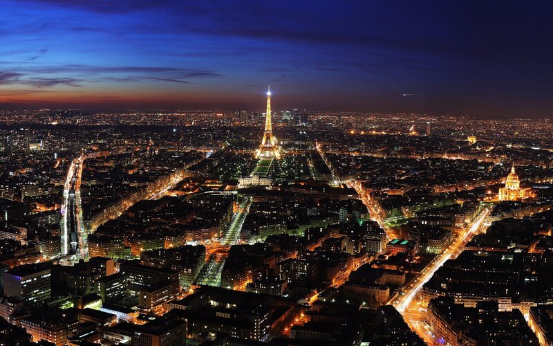 Eiffel Tower at Night — Blue, Dramatic, Photograph, City Lights, Buildings, Sky, Black