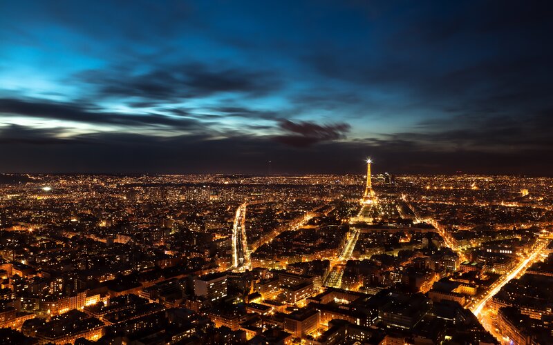 Eiffel Tower at Night — Blue, Dramatic, Photograph, City Lights, Sky
