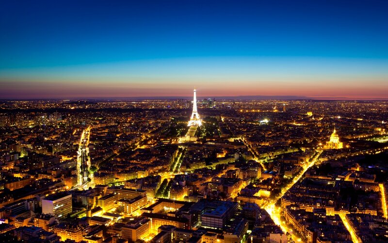 Eiffel Tower at Night — Blue, Dramatic, Photograph, City Lights, Skyline, Buildings, Yellow