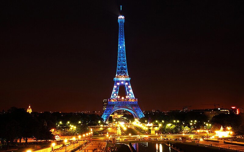 Eiffel Tower at Night — Blue, Dramatic, Photograph, City Lights, Trees