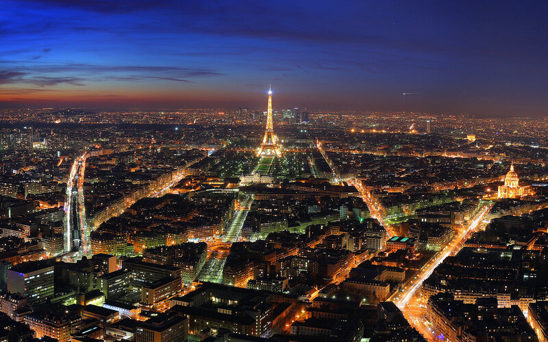 Eiffel Tower at Night — Blue, Dramatic, Photograph, Cityscape, Buildings, Streets, Orange