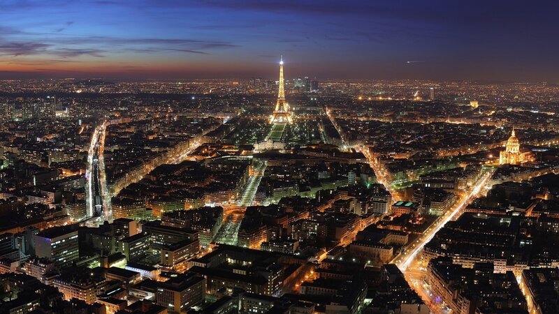 Eiffel Tower at Night — Blue, Dramatic, Photograph, Cityscape, Buildings, Streets, Yellow, Black