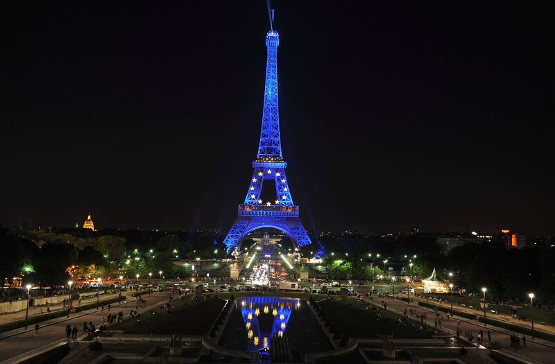 Eiffel Tower at Night — Blue, Dramatic, Photograph, Fountain, Trees