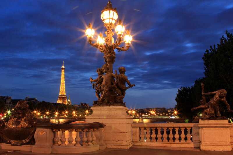 Eiffel Tower at Night — Blue, Dramatic, Photograph, Lamp Post