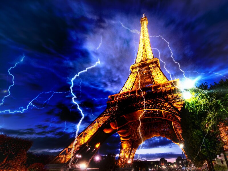 Eiffel Tower at Night — Blue, Dramatic, Photograph, Lightning