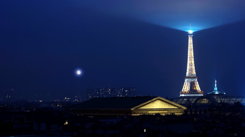 Eiffel Tower at Night — Blue, Dramatic, Photograph, Moon, Cityscape, Building
