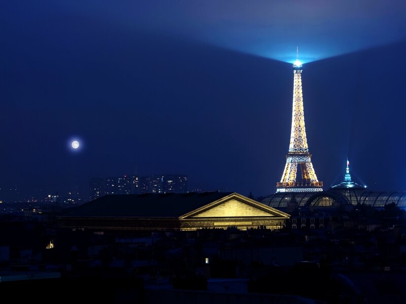 Eiffel Tower at Night — Blue, Dramatic, Photograph, Moon, Cityscape