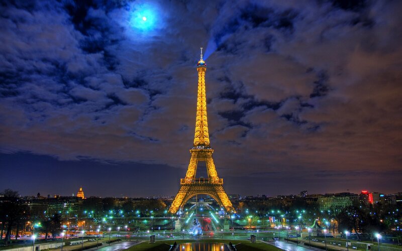 Eiffel Tower at Night — Blue, Dramatic, Photograph, Moon, Clouds