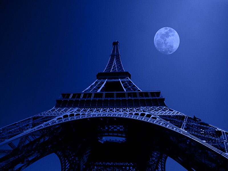 Eiffel Tower at Night — Blue, Dramatic, Photograph, Moon, Night Sky