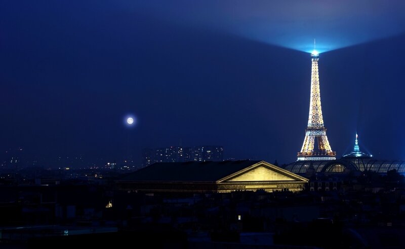 Eiffel Tower at Night — Blue, Dramatic, Photograph, Moon