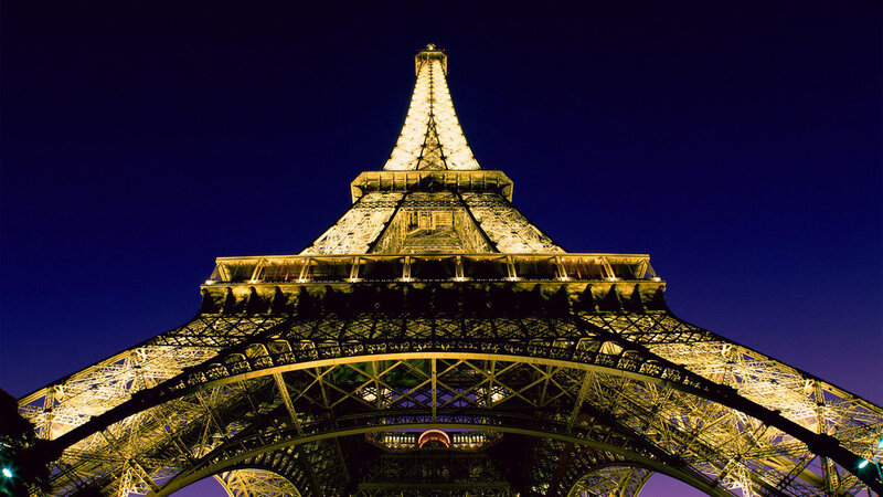 Eiffel Tower at Night — Blue, Dramatic, Photograph, Night Sky, Lights, Yellow