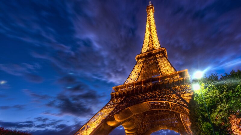 Eiffel Tower at Night — Blue, Dramatic, Photograph, Sky, Clouds, Trees