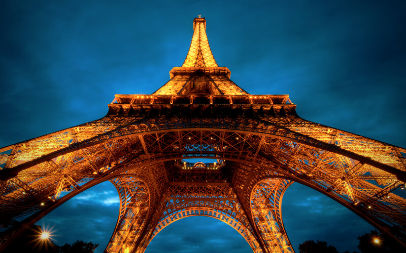 Eiffel Tower at Night — Blue, Dramatic, Photograph, Sky, Lights