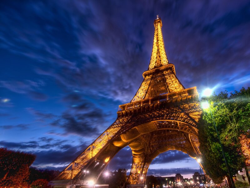 Eiffel Tower at Night — Blue, Dramatic, Photograph, Sky, Trees