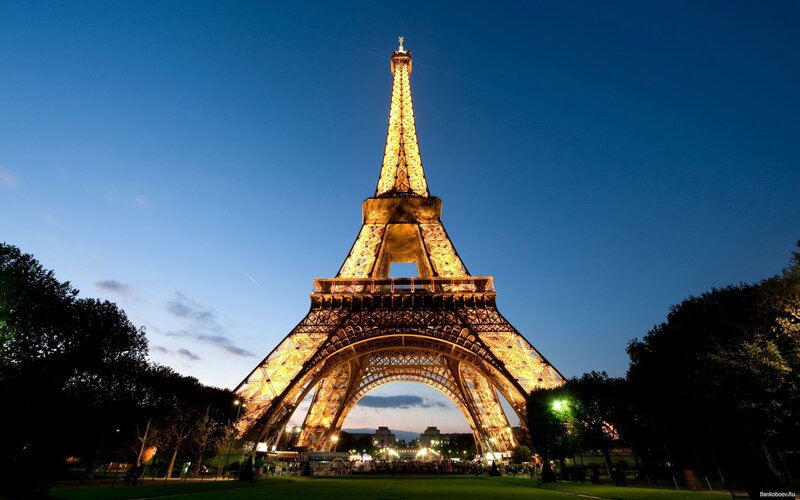 Eiffel Tower at Night — Blue, Dramatic, Photograph, Trees, Sky