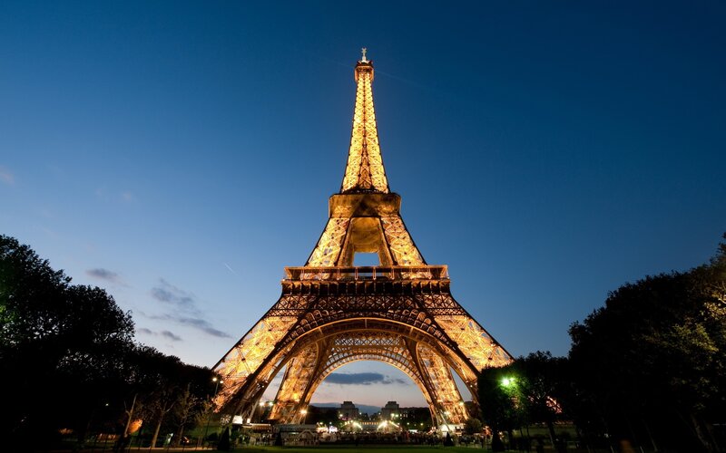Eiffel Tower at Night — Blue, Dramatic, Photograph, Trees
