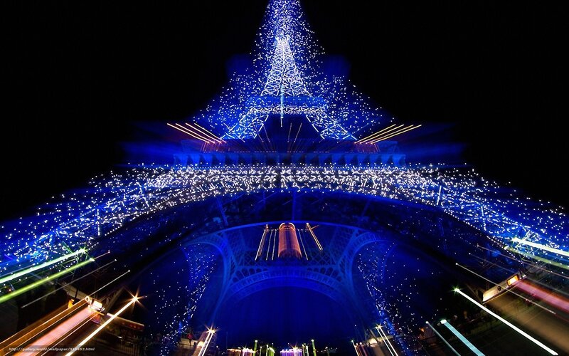 Eiffel Tower at Night — Blue, Festive, Photograph