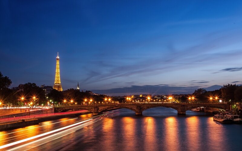 Eiffel Tower at Night — Blue, Serene, Photograph, Bridge, River, City Lights