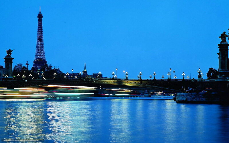 Eiffel Tower at Night — Blue, Serene, Photograph, Bridge, River, Lights