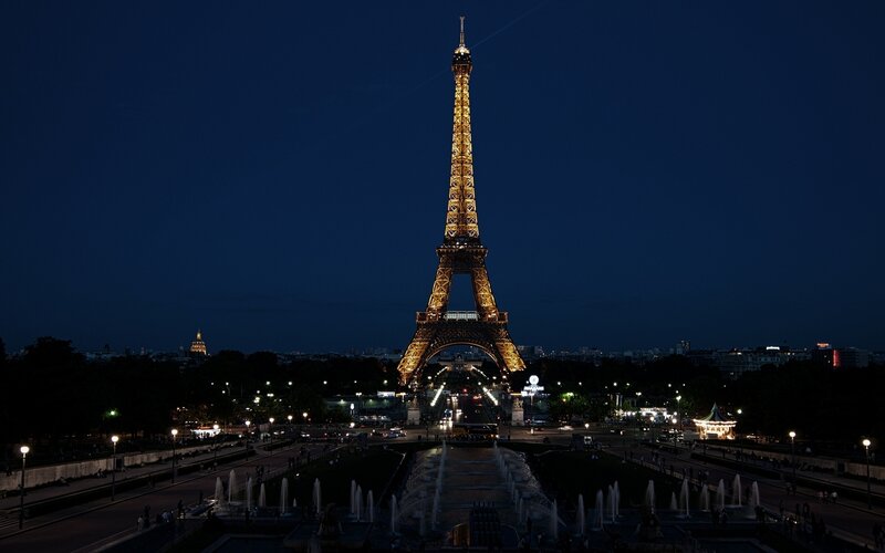 Eiffel Tower at Night — Blue, Serene, Photograph, Fountains, Cityscape