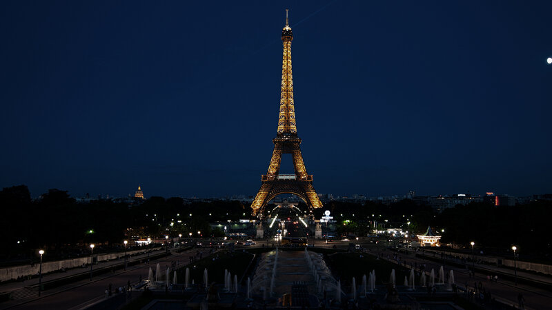 Eiffel Tower at Night — Blue, Serene, Photograph, Fountains