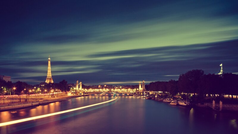 Eiffel Tower at Night — Blue, Serene, Photograph, River, Bridge, Boats