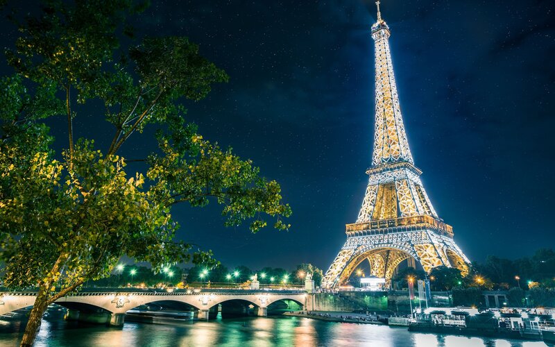 Eiffel Tower at Night — Blue, Serene, Photograph, Tree, Bridge, River