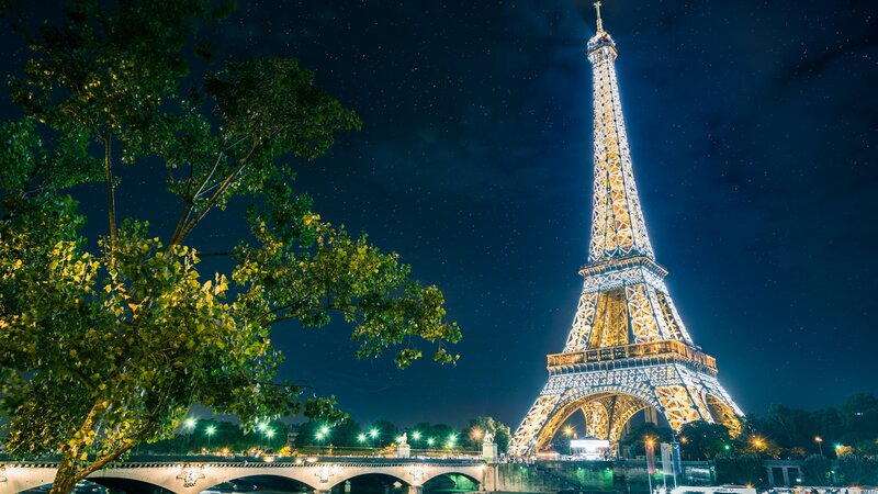 Eiffel Tower at Night — Blue, Serene, Photograph, Tree, Bridge