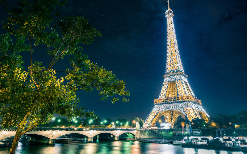 Eiffel Tower at Night — Blue, Serene, Photograph, Tree