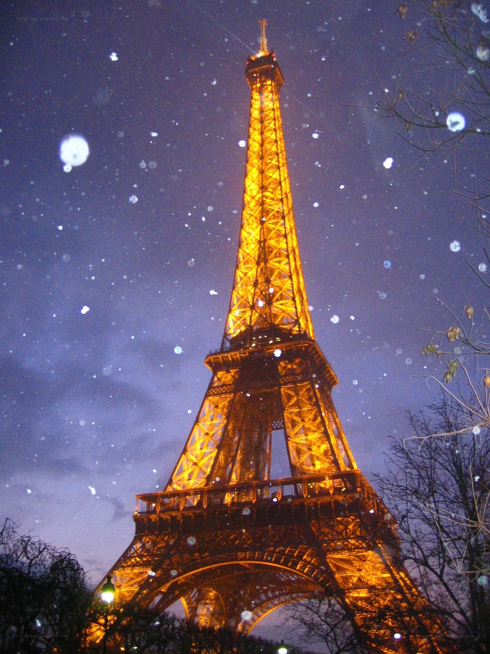 Eiffel Tower at night in snow