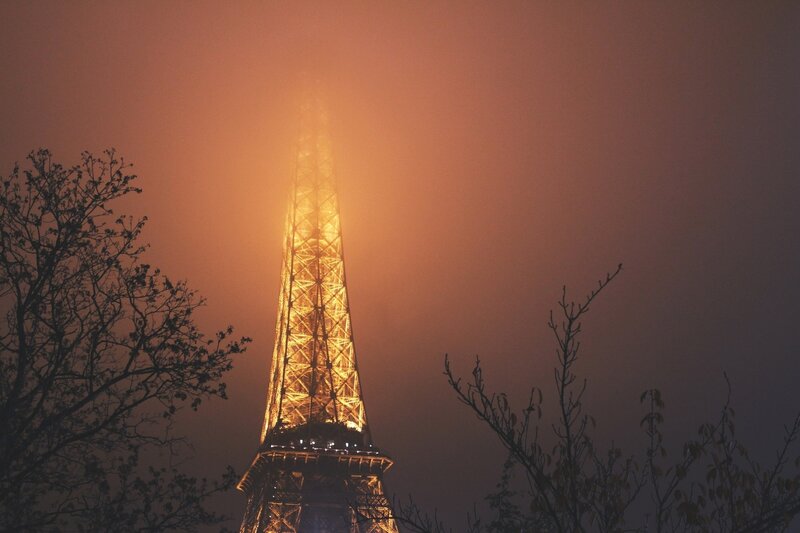 Eiffel Tower at Night — Orange, Dramatic, Photograph, Trees
