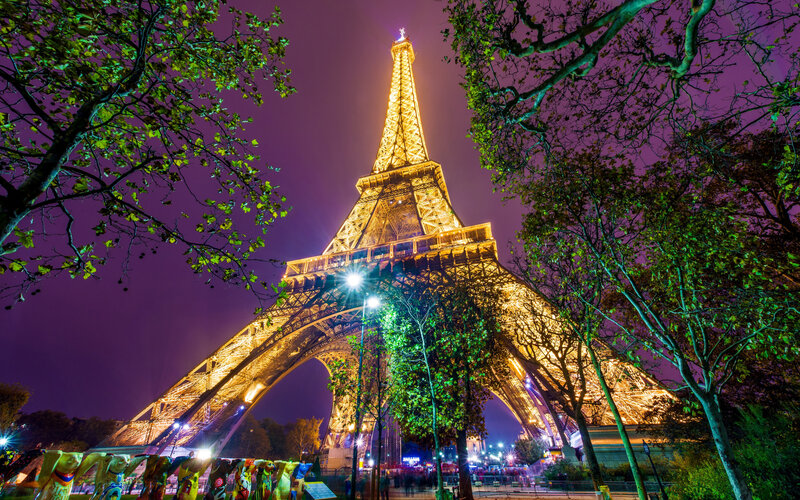 Eiffel Tower at Night — Purple, Dramatic, Photograph, Trees, Lights