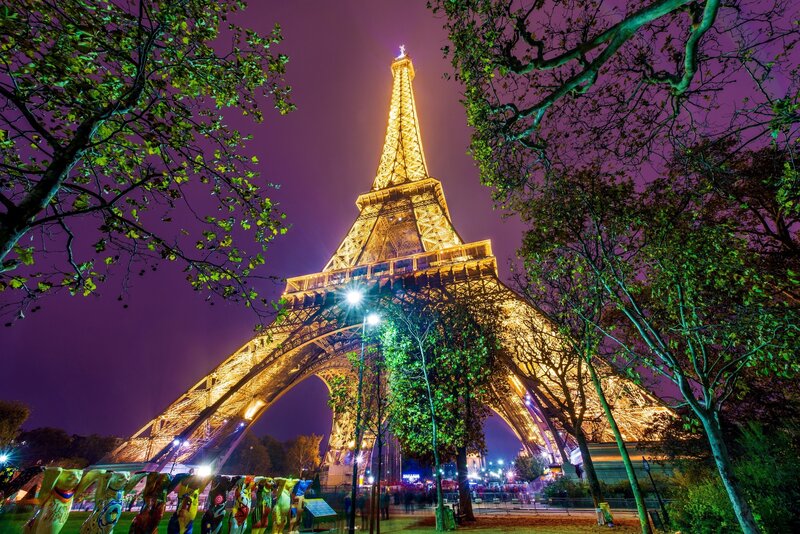 Eiffel Tower at Night — Purple, Dramatic, Photograph, Trees