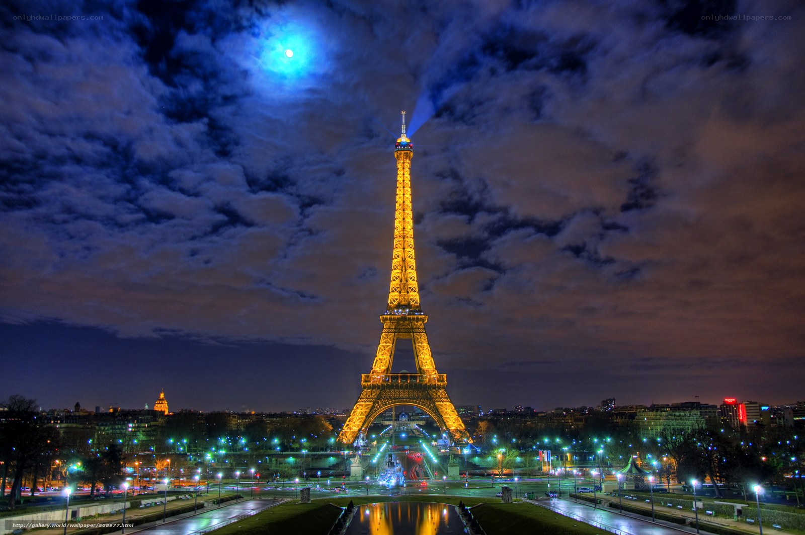 Eiffel Tower at night with moon
