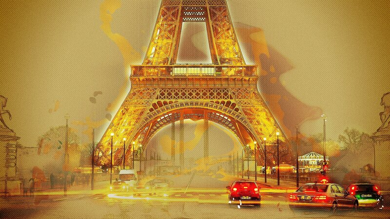 Eiffel Tower at Night — Yellow, Dramatic, Digital Art