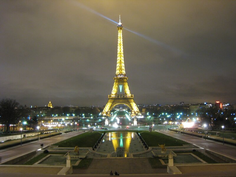 Eiffel Tower at Night — Yellow, Dramatic, Photograph, Fountain